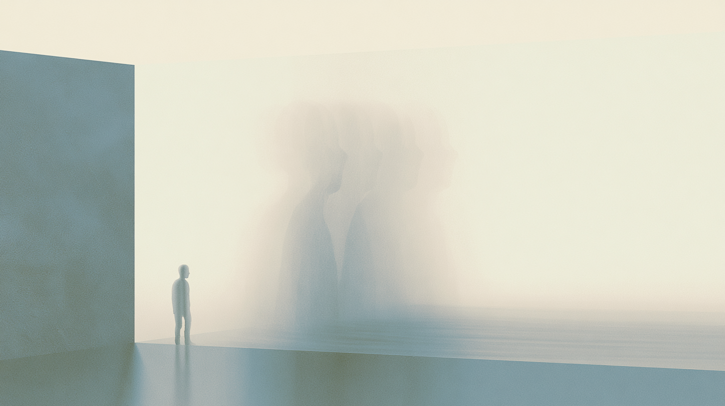 A solitary figure stands beside large blurred layered human forms within a quiet minimalist architectural space.