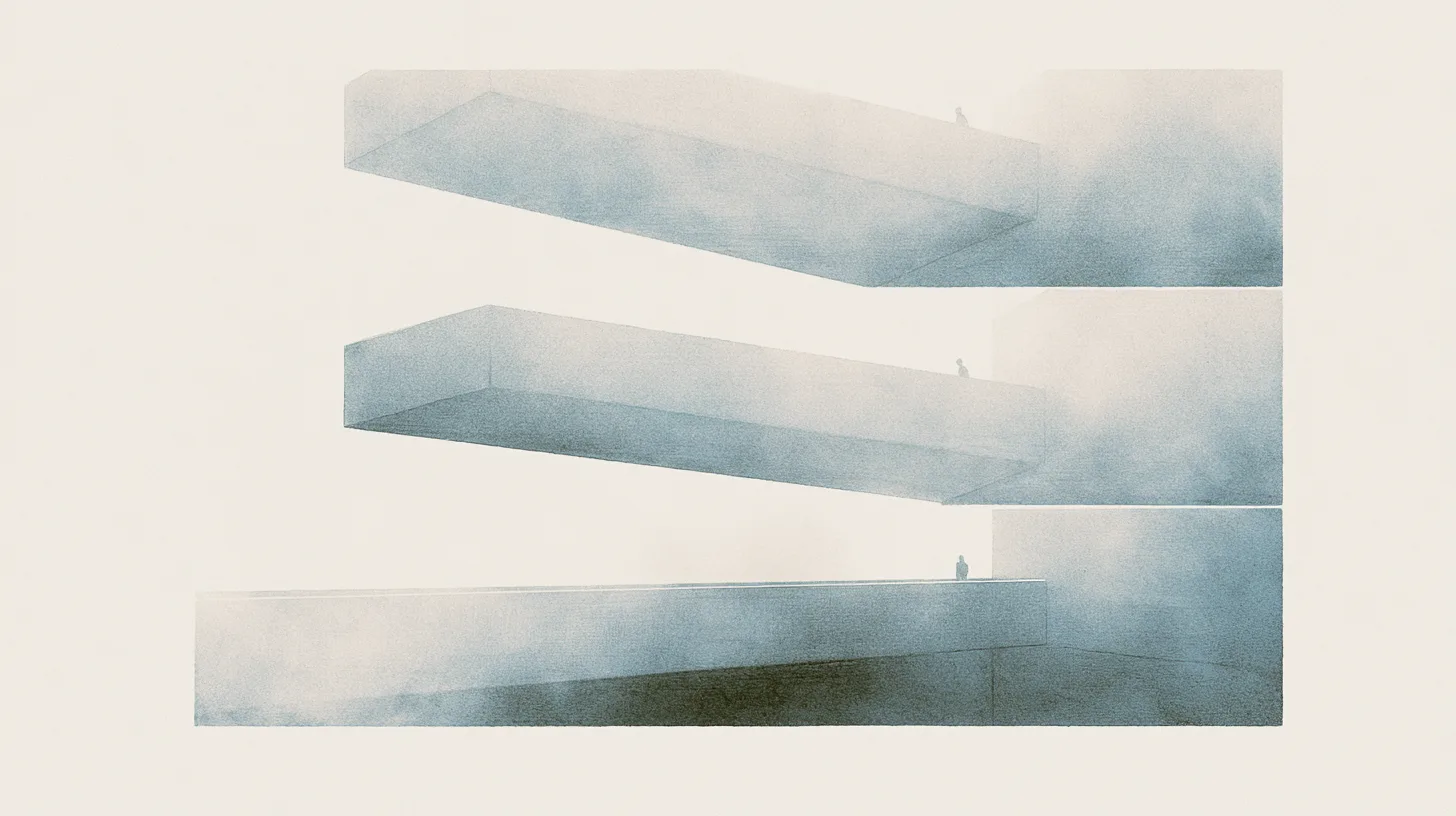 Tiny solitary figures repeatedly traversing suspended concrete walkways and institutional recovery corridors.
