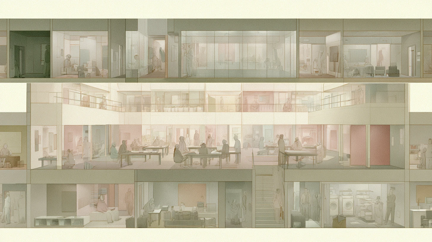 A layered communal residence with shared tables, rooms, stairways, laundry areas, and faint figures standing or sitting in muted daylight.