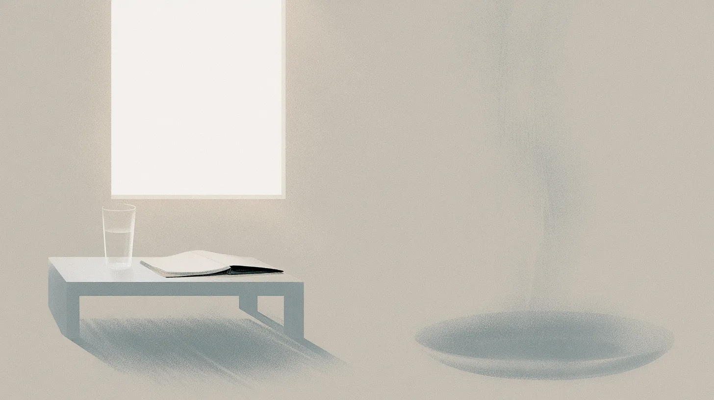 A quiet lived-in room with folded fabric, a notebook, and soft morning light across modest surfaces, symbolizing dignity and self-respect through repeated ordinary care.