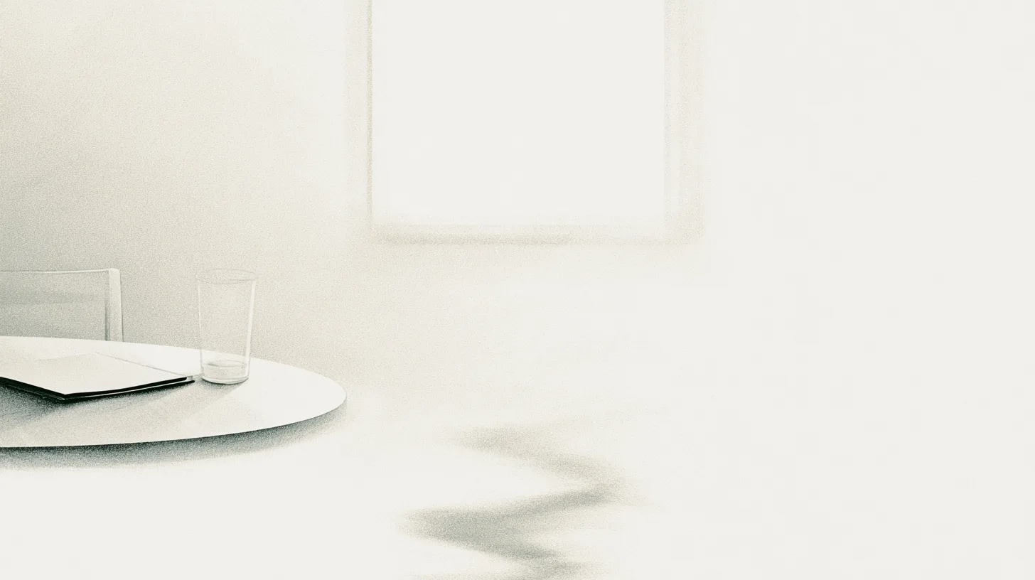 A quiet interior with a notebook, glass of water, and softened daylight remaining clearly present within a calm reduced environment, symbolizing clarity through disciplined simplicity and focused attention.