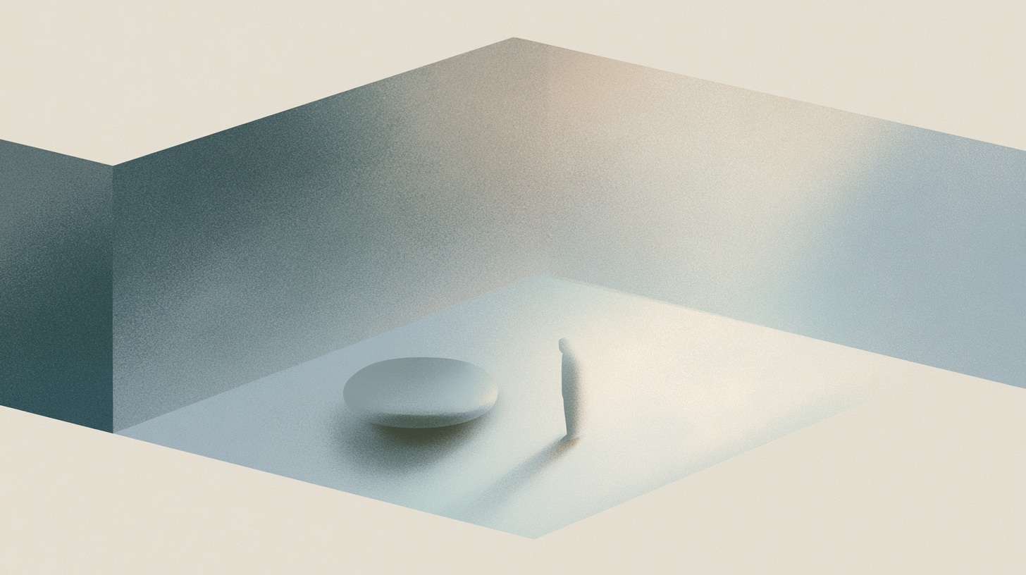 A solitary figure standing within a restrained architectural interior reduced to essential forms and soft directional light.