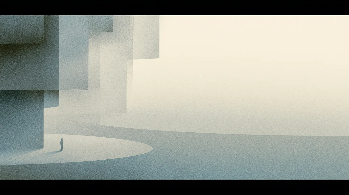 A solitary figure beneath layered architectural structures where visual complexity gradually opens into a clearer and more grounded spatial environment.