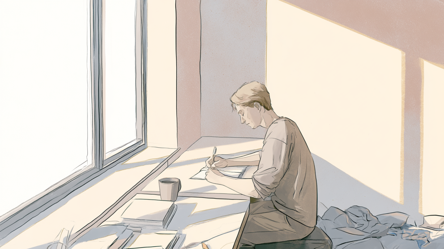 A quiet recovery-house room with a single person writing at a simple desk built into a large windowsill, surrounded by soft morning light, sparse objects, and calm architectural space emphasizing clarity, focus, and grounded participation.
