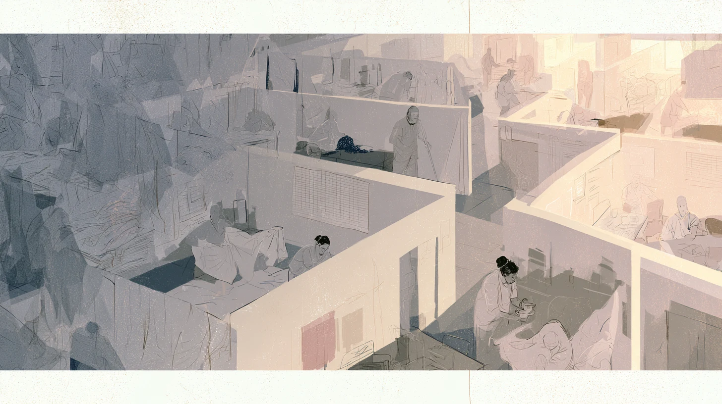 A quiet symbolic recovery scene centered on simple structure, grounded routines, and clear participation.