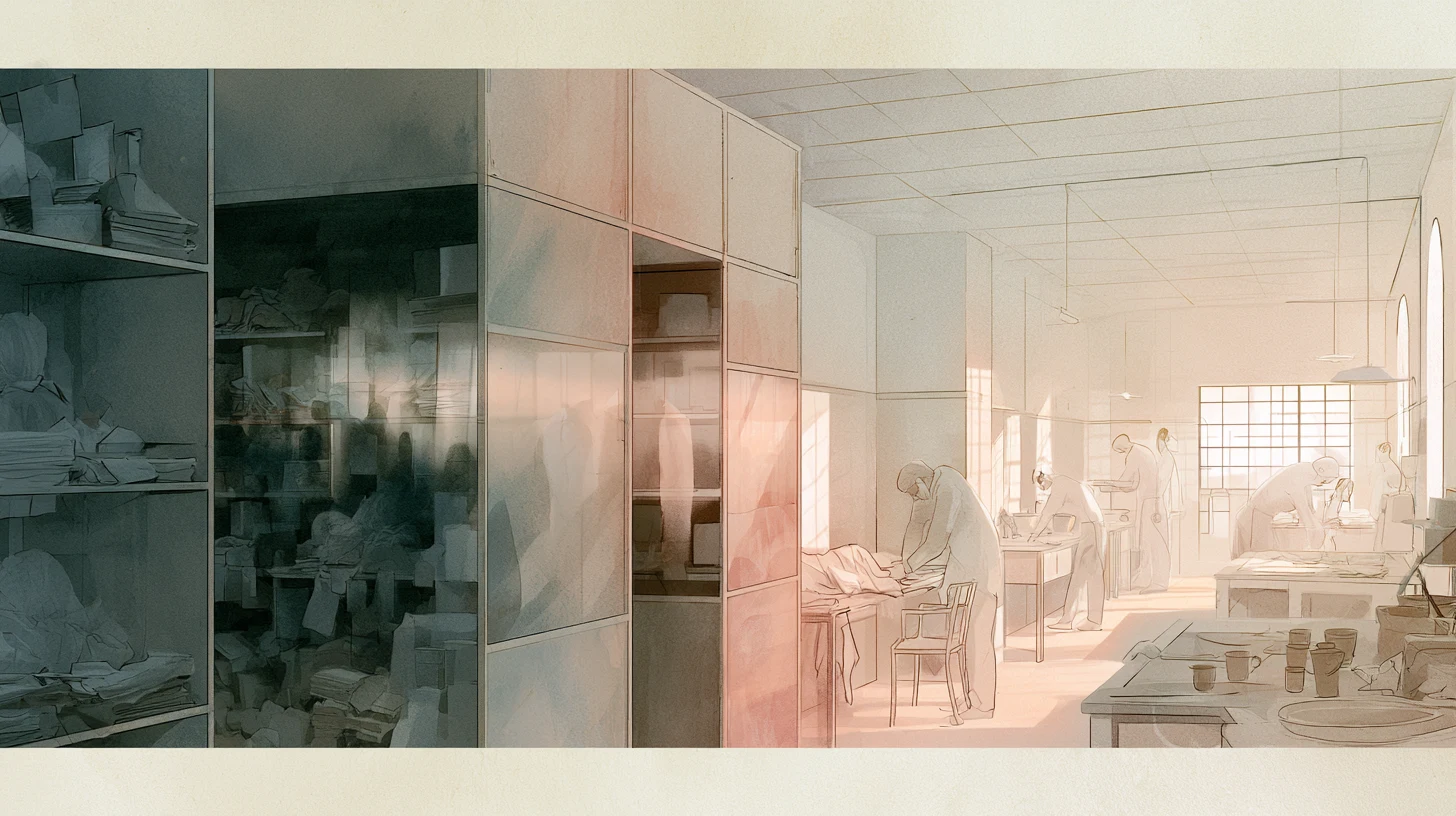 A communal utility room shifts from dark cluttered shelving and translucent partitions into a bright work area where several figures complete simple tasks.