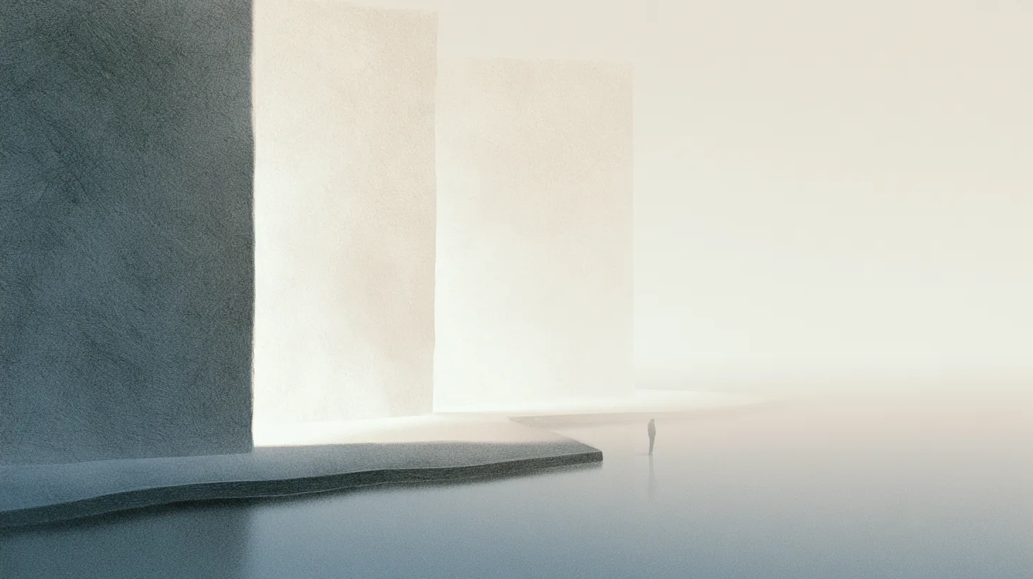 A solitary figure standing near a curved pathway within a quiet recovery-oriented architectural environment.