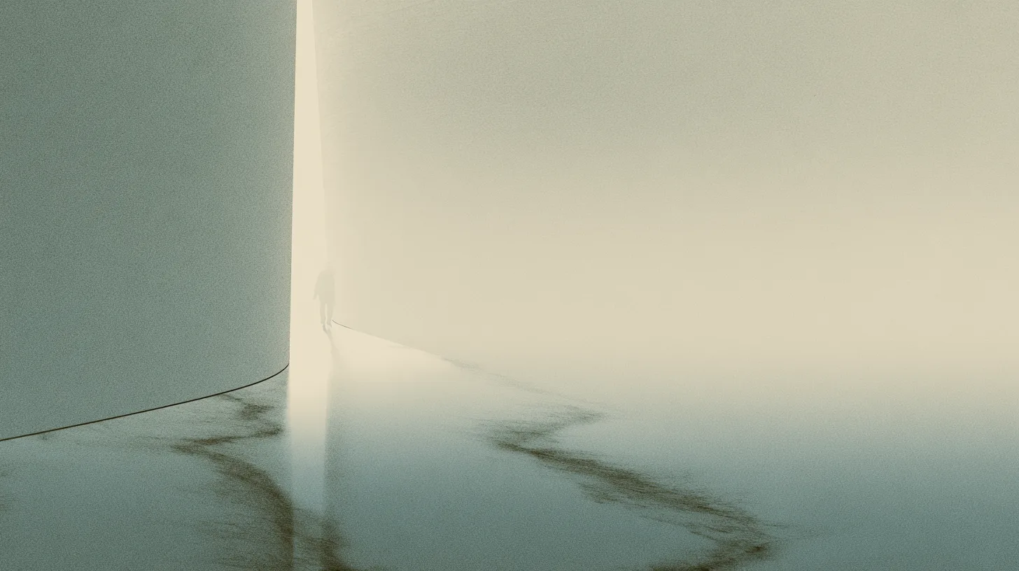 A solitary figure standing near the edge of an illuminated structured passage within a quiet reflective recovery environment.