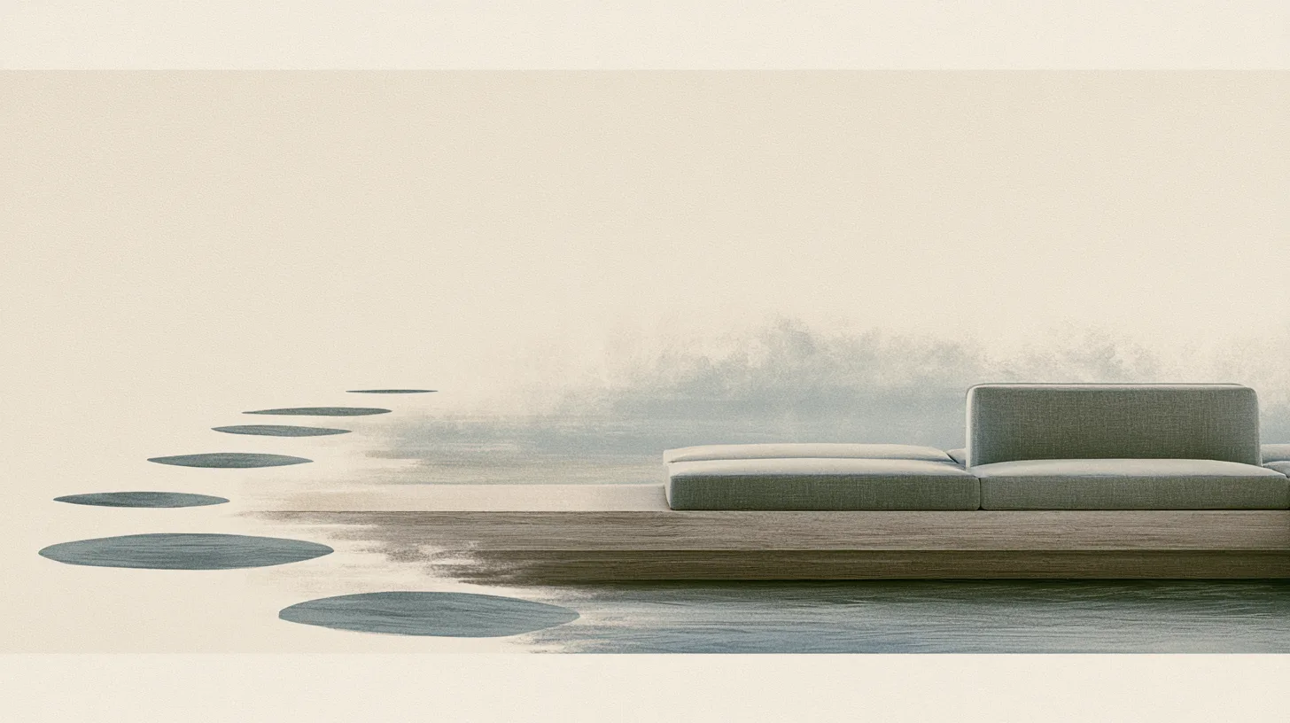 A quiet communal interior with softened seating and subtle stepping forms suggesting gradual withdrawal from participation.