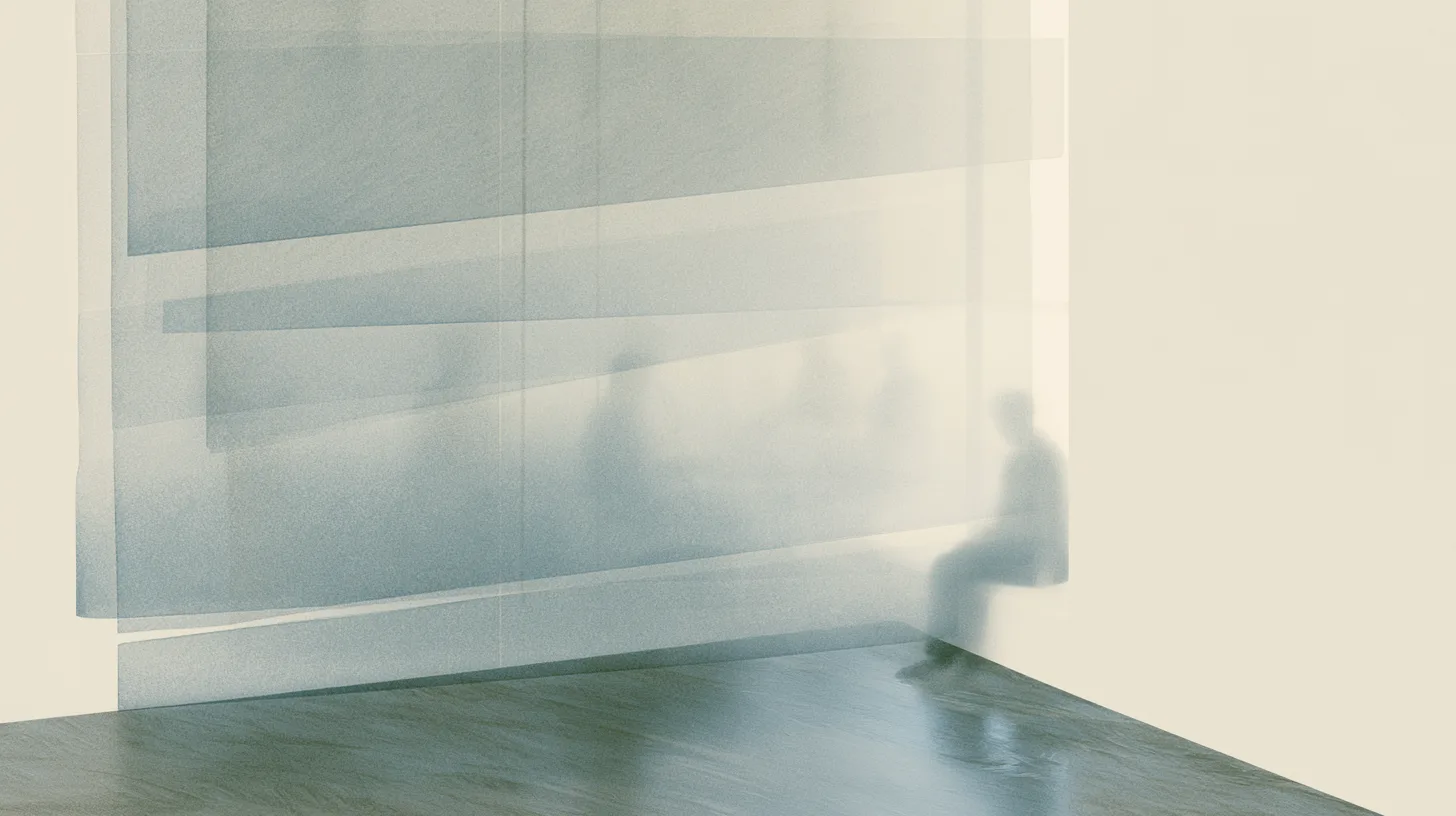 A solitary blurred figure sits apart from a softly obscured group within a quiet layered architectural interior.