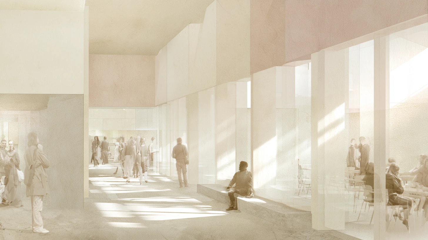 A softly lit communal interior where people continue moving, speaking, and participating naturally throughout the environment while a solitary seated figure remains physically present yet psychologically withdrawn near the edge of the space. Warm daylight filters across pale architectural surfaces, long shadows, glass partitions, and quiet gathering areas, emphasizing the subtle contrast between active participation and inward disengagement. The atmosphere feels emotionally restrained, contemplative, and quietly human rather than lonely or dramatic. Muted cream, soft beige, faded rose, pale gray, and warm stone palette. Matte textures, subtle grain, restrained editorial realism, atmospheric softness, minimal composition.