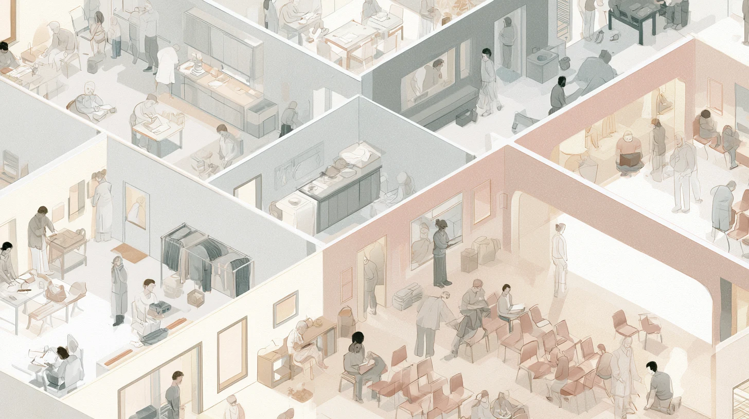 A layered communal recovery residence shows people writing, cleaning, sitting, and moving through connected rooms, with some figures quietly withdrawn from nearby activity.