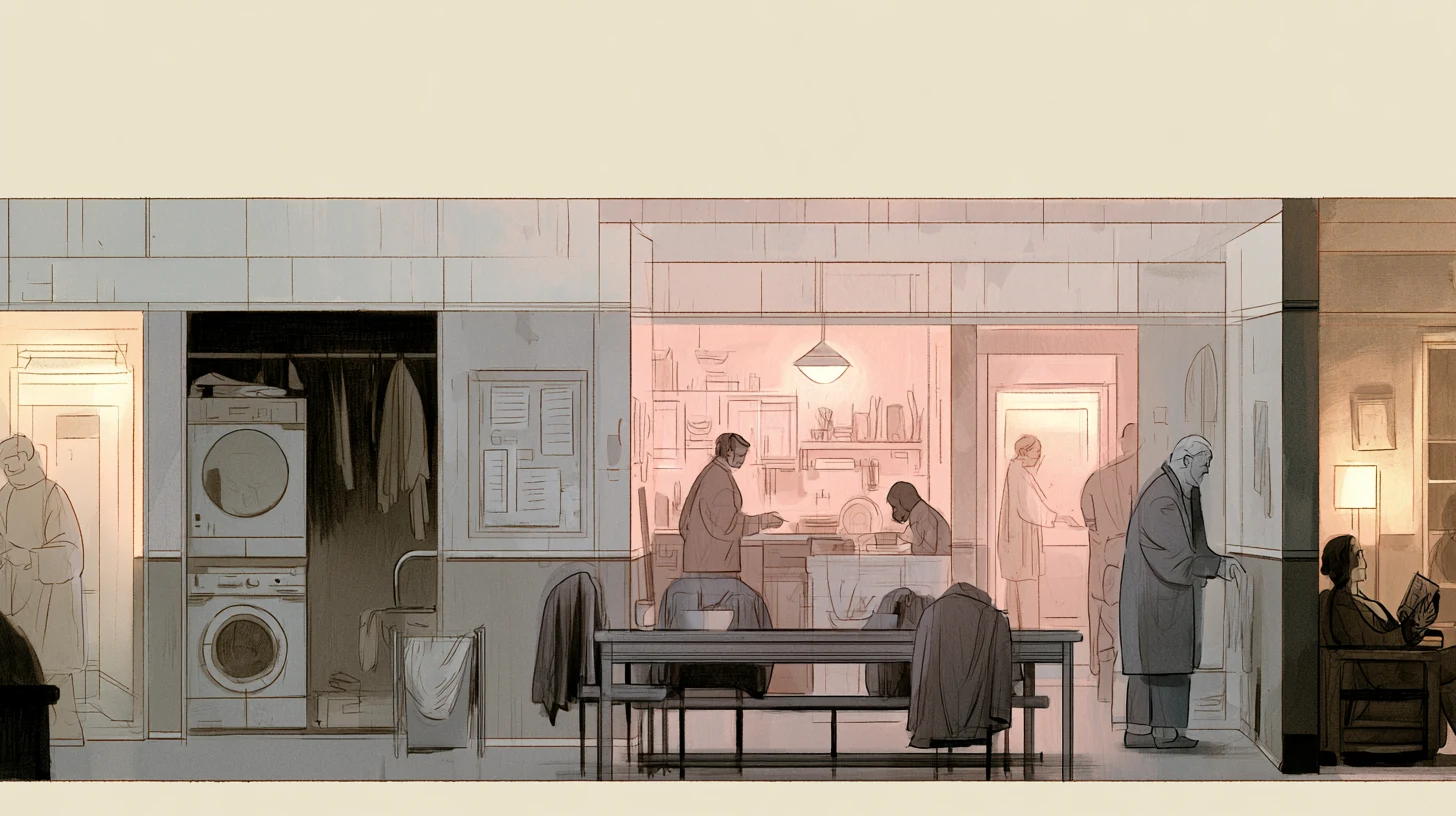 A wide communal porch and sunroom with people tending plants, writing, and working while a few figures sit recessed in cooler shade.