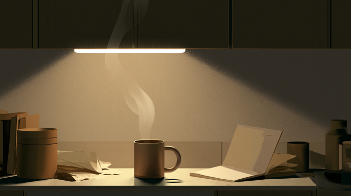 Quiet kitchen counter beneath fluorescent light with a steaming mug, scattered papers, and restrained late-night atmosphere suggesting emotional containment and reflection.