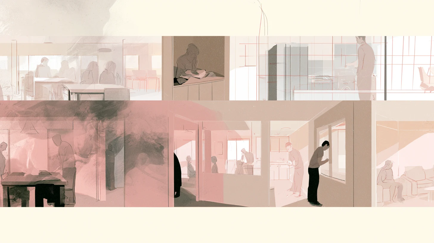 Layered communal interiors with lightly sketched figures, soft daylight, and a muted rose-gray haze gathering across one section of the room.