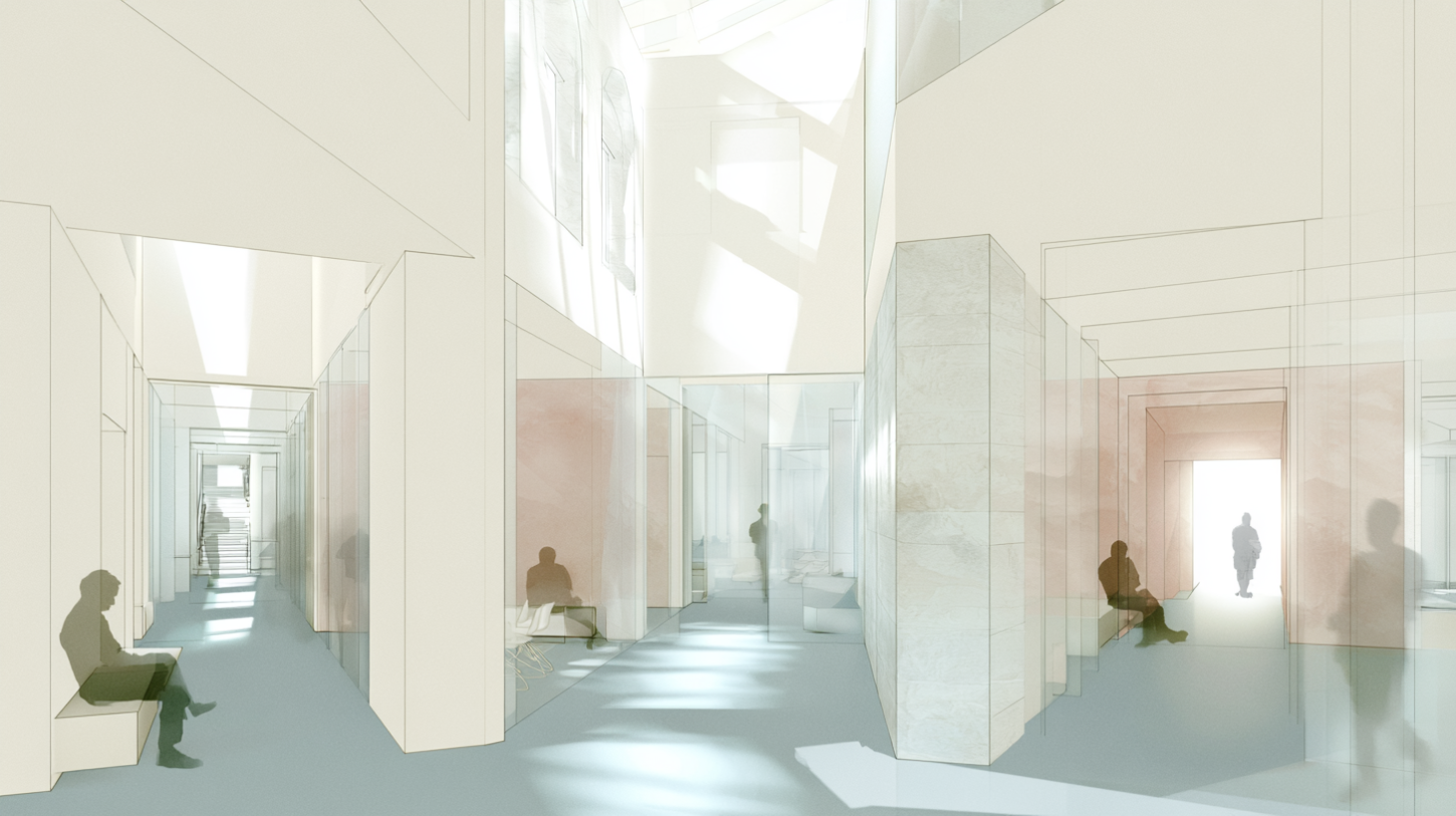A quiet transitional recovery corridor where isolated figures remain emotionally suspended between continued participation in growth and the urge to withdraw toward immediate relief.