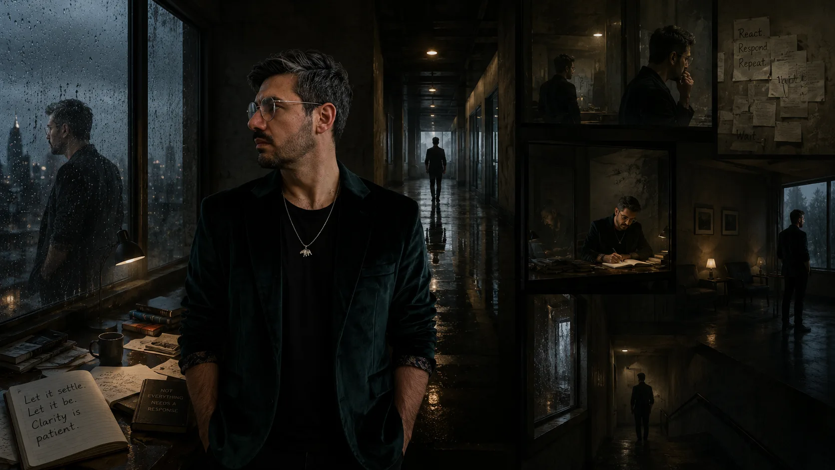 A restrained philosophical portrait of a man standing quietly within a dim rain-darkened architectural interior filled with reflective windows, recursive hallways, observation rooms, and softened reflections that gradually settle into stillness.