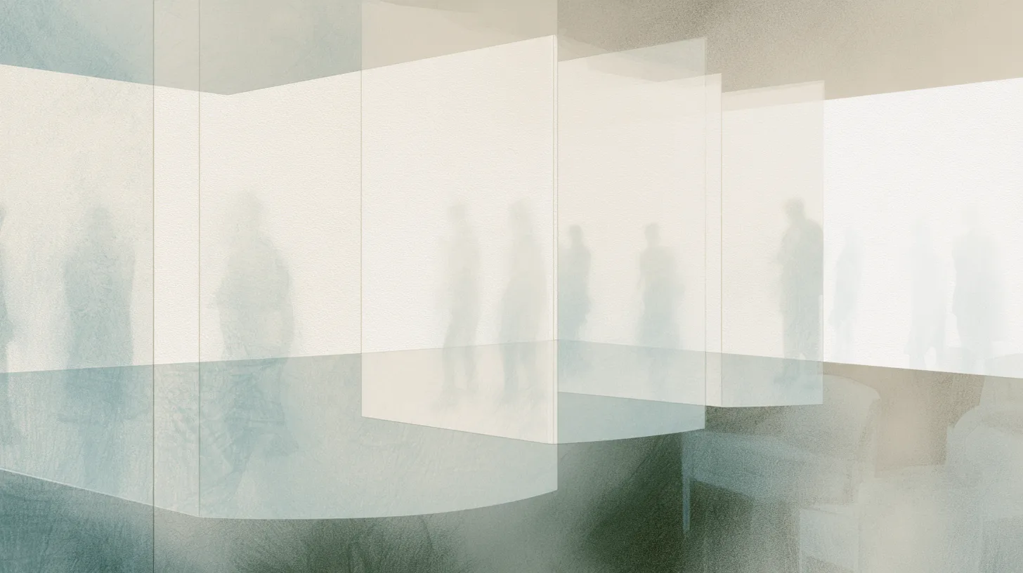 Blurred human figures standing behind translucent partitions within a reflective minimalist architectural environment.