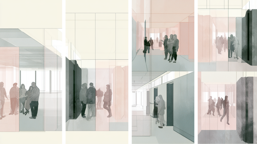 Interconnected translucent communal interiors filled with small clustered groups quietly gathering within layered partitions, creating a subtle atmosphere of emotional alignment, social fragmentation, and shared withdrawal from accountability.