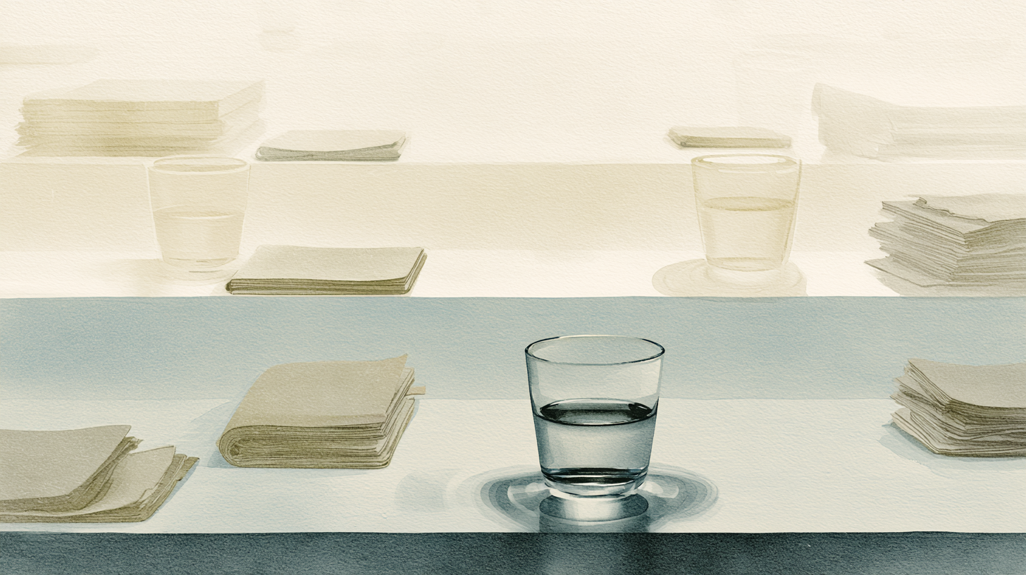 Stacked papers and glasses of water arranged across layered architectural surfaces, symbolizing accumulated effort and the cost of sustained growth.