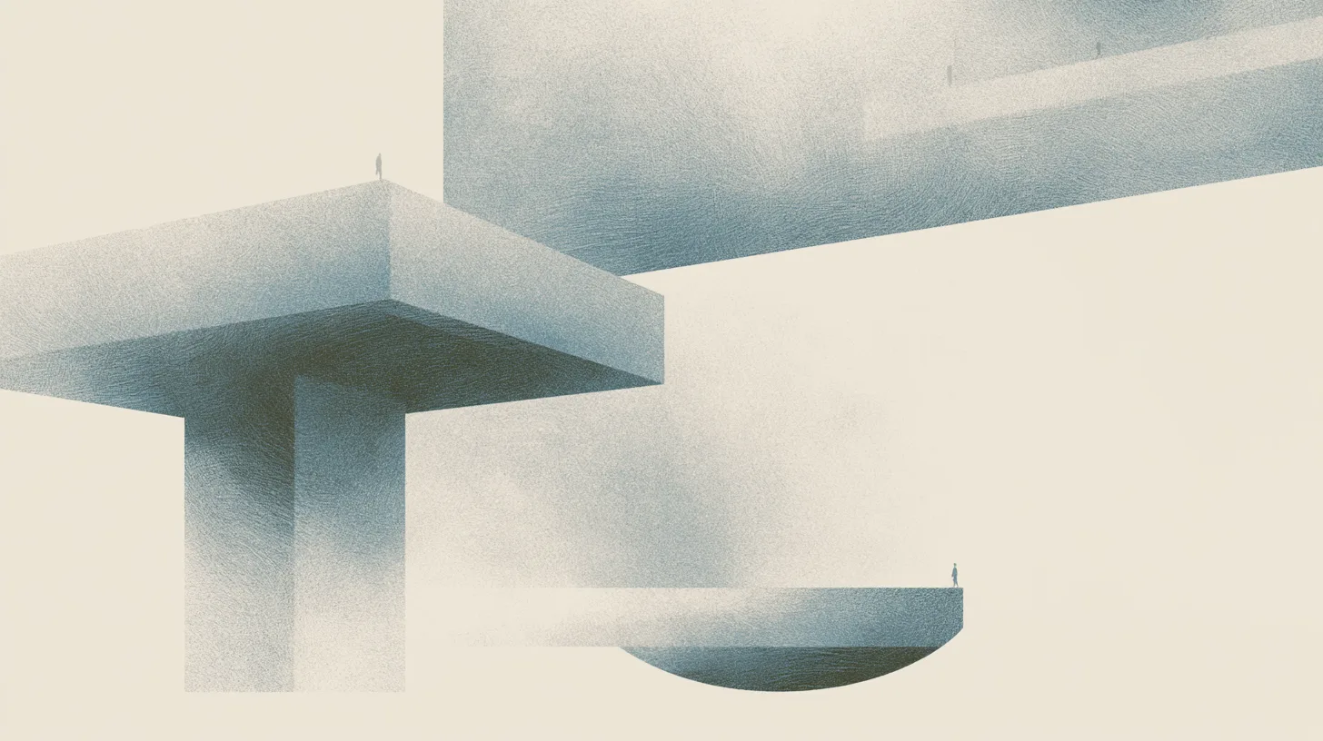 Tiny solitary figures traversing suspended concrete walkways across large open architectural voids.