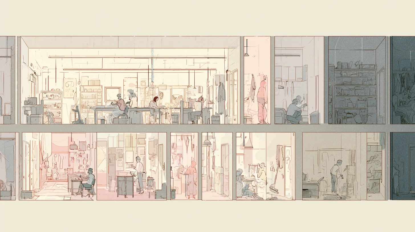 A communal laundry room with several figures folding, sweeping, and sorting, divided between warm orderly areas and cooler cluttered corners.