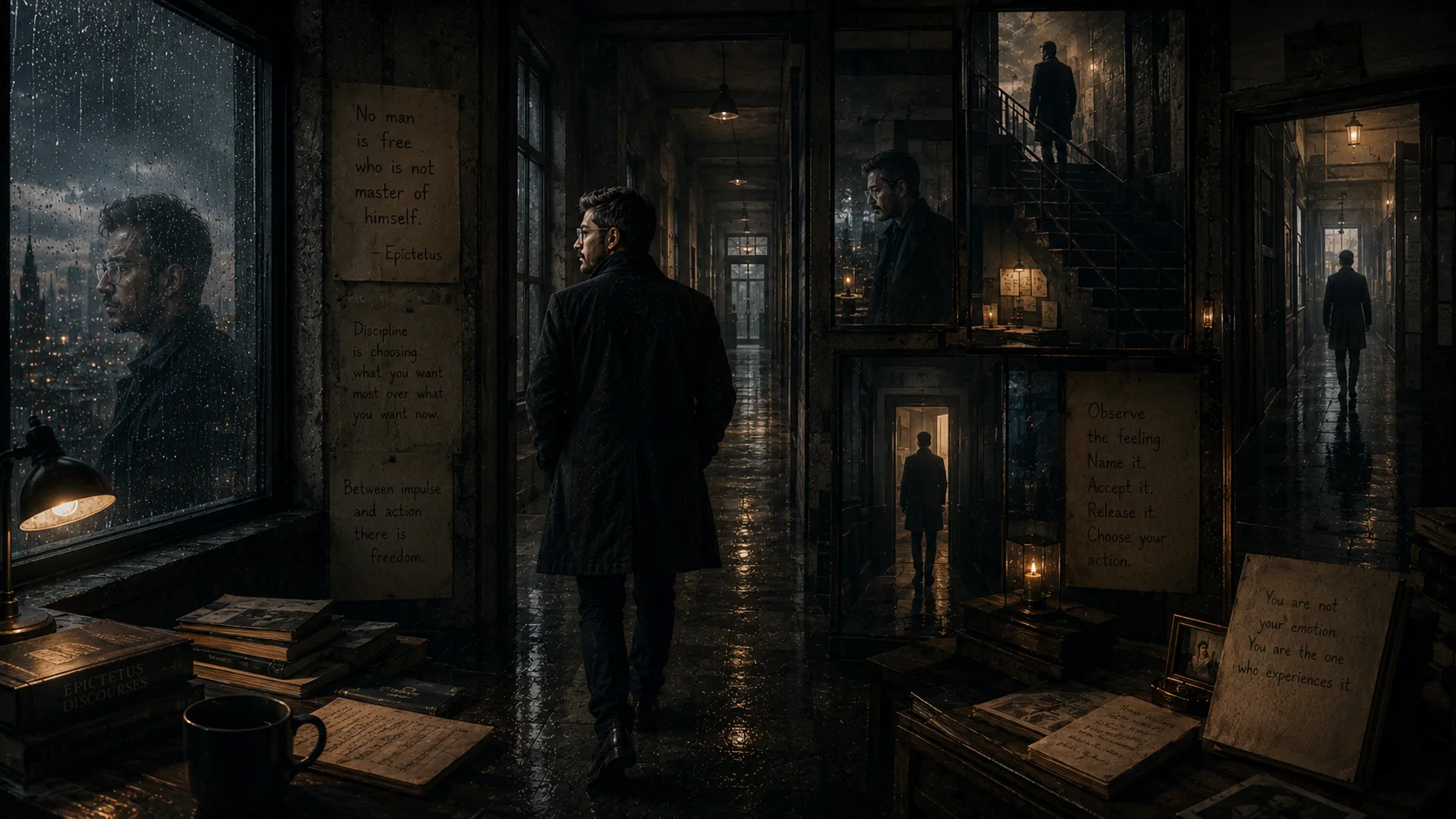 A solitary man moving through a dim recursive institutional corridor filled with fragmented reflections, rain-darkened windows, and layered architectural repetitions, symbolizing emotional self-mastery, restraint, and the struggle to maintain internal discipline amid emotional uncertainty.