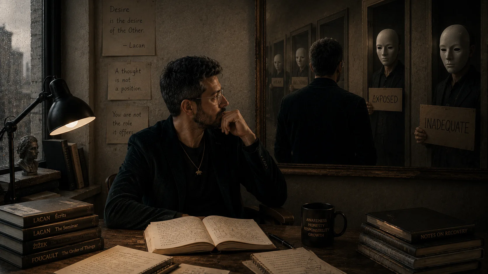 A reflective man sits in a dim philosophical study while surreal mirrored figures holding labels like inadequacy and exposure appear behind him, symbolizing intrusive thoughts attempting to impose identity and position.