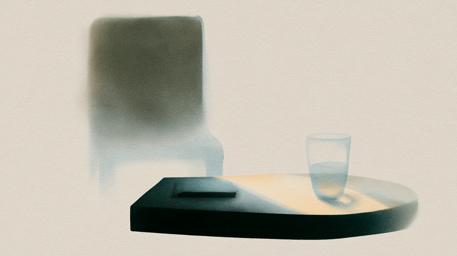 A calm ordinary interior where a small illuminated space containing a notebook and glass remains grounded and manageable while the surrounding environment softly recedes into atmospheric quietness.