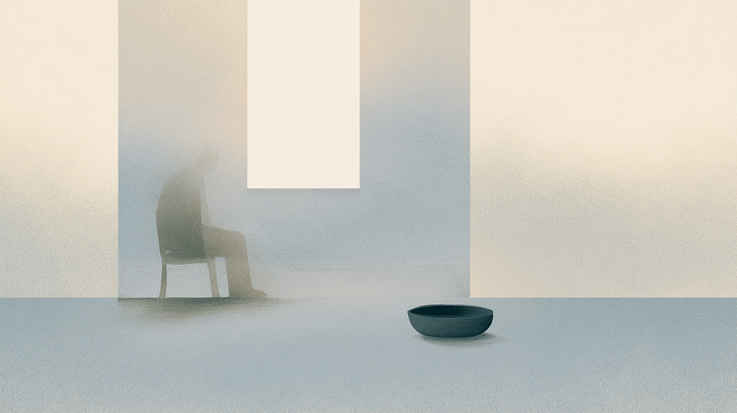 A solitary seated figure within a calm recovery-oriented architectural interior framed by soft natural light and restrained spatial containment.