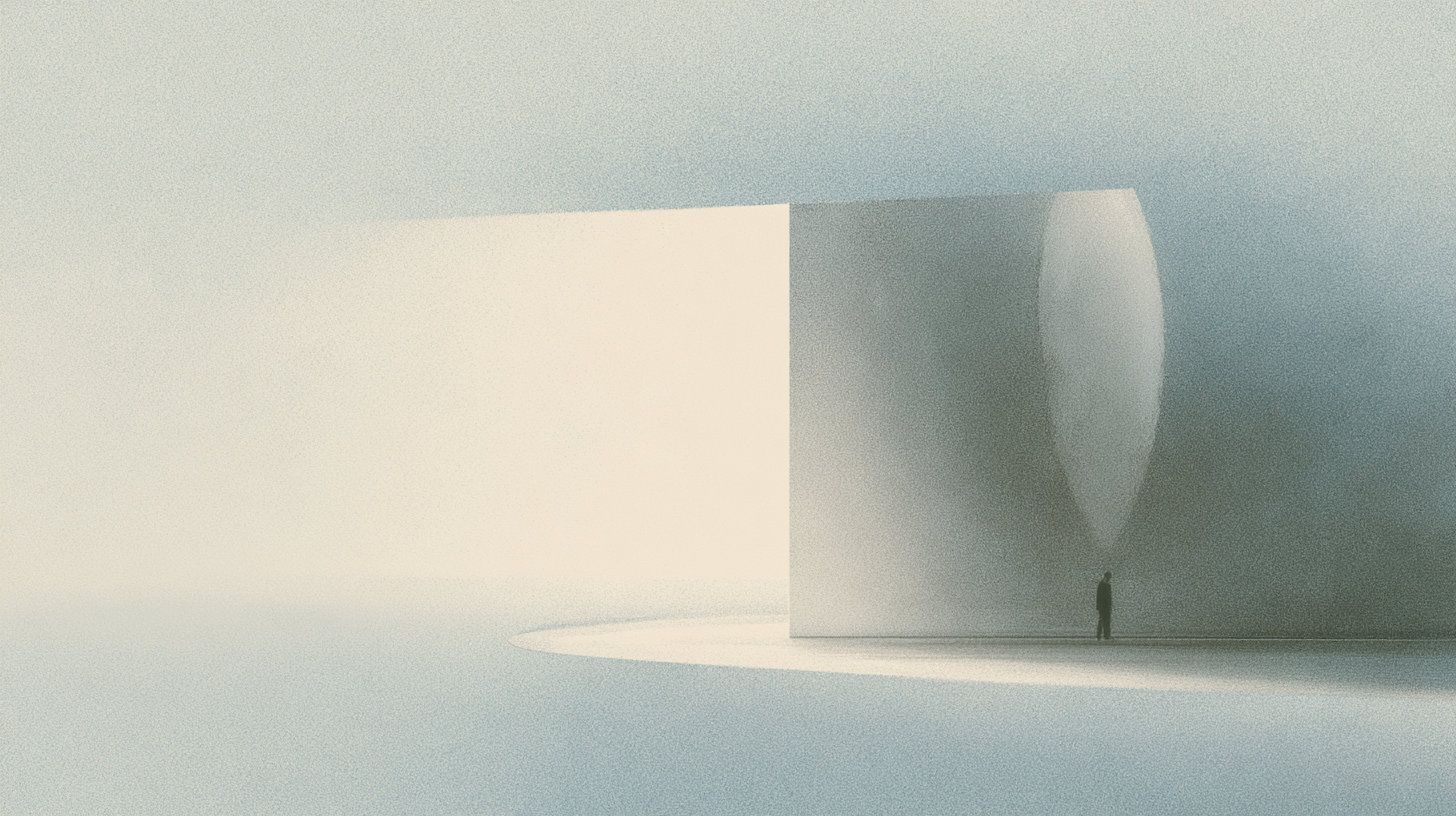 A solitary figure standing within a restrained architectural space where a large illuminated opening narrows attention toward a grounded area of present engagement.