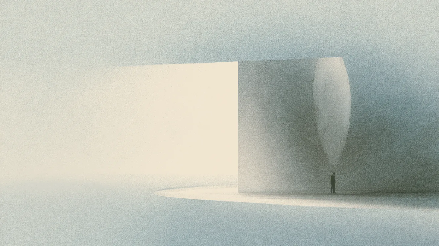 A solitary figure standing within a restrained architectural space where a large illuminated opening narrows attention toward a grounded area of present engagement.