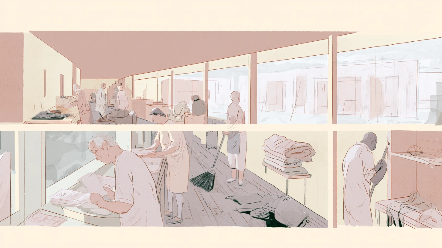 A wide cutaway of a softly lit communal residence shows small figures working, writing, repairing, and talking across layered rooms and stairways.
