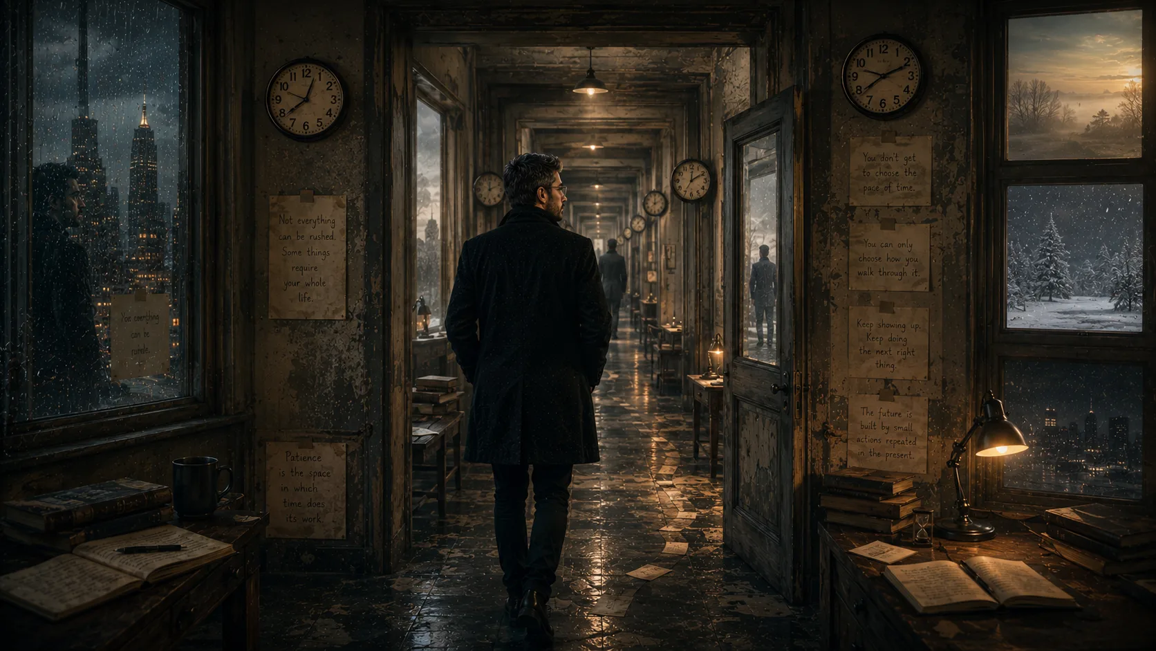 A contemplative man walks alone through a recursive surreal hallway filled with clocks, shifting weather beyond rain-streaked windows, handwritten reflections, and impossible architectural repetitions symbolizing patience, uncertainty, and the slow unfolding of personal transformation through time.