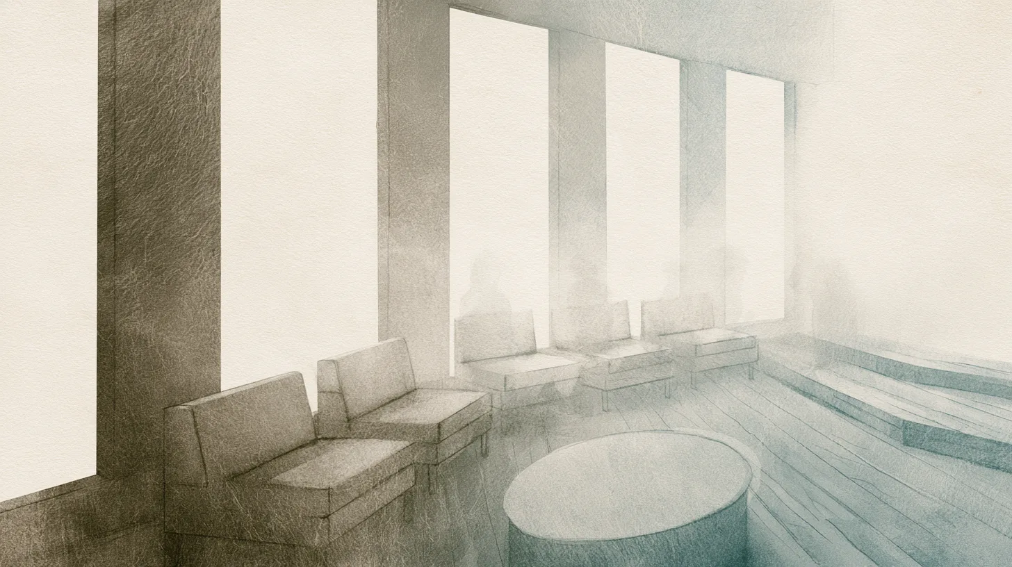 Several figures sharing a quiet institutional recovery space with subtle connection and mutual orientation.