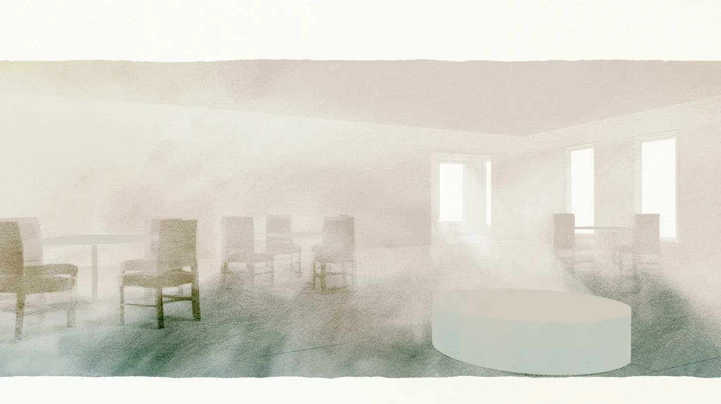 A softly illuminated shared interior space with chairs arranged in a calm open environment, symbolizing how structure, relationships, and surroundings quietly shape behavior and support recovery over time.