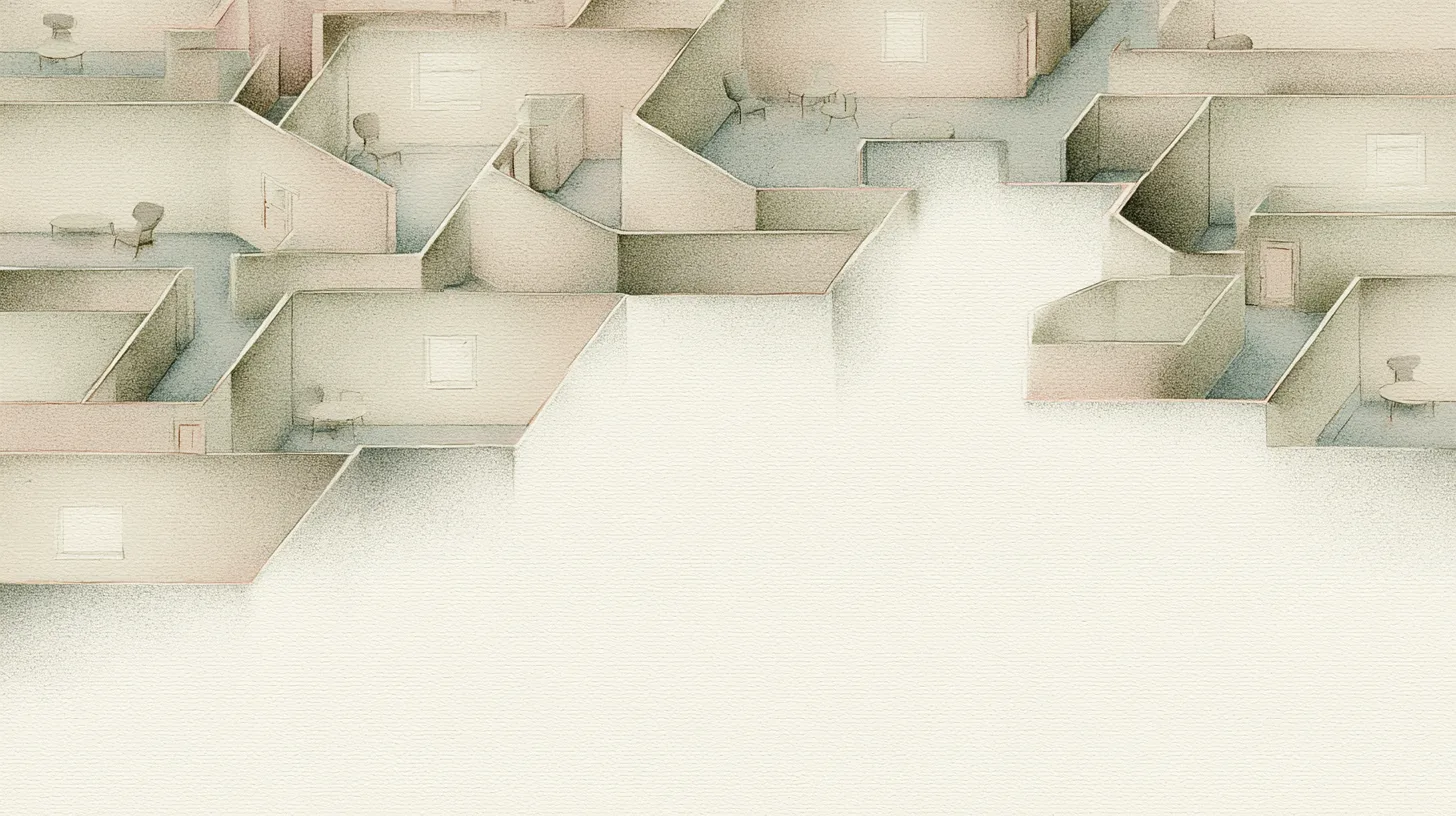 Interconnected ordinary interior spaces quietly shaping movement, attention, and behavior over time, symbolizing how environments gradually become patterns and influence personal direction.
