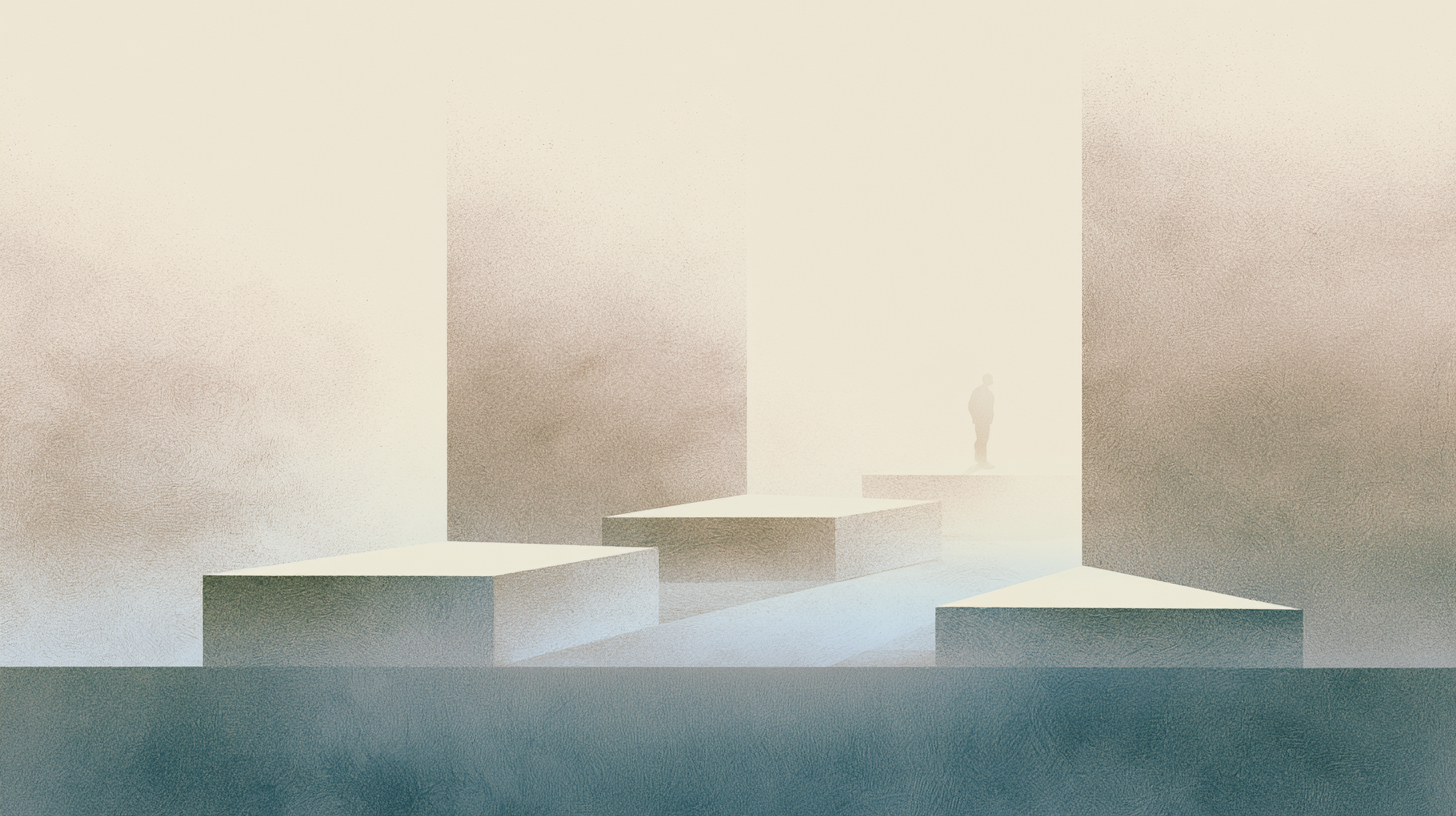 A solitary figure within a layered architectural environment shaped by repeating platforms, soft natural light, and restrained spatial structure.