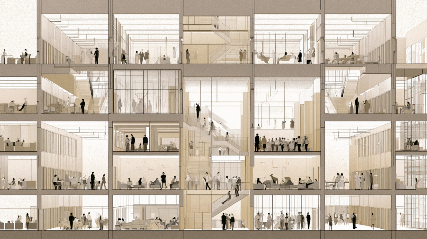 Open interconnected architectural interiors filled with repeating communal spaces and small groups of people gradually absorbing the atmosphere and rhythms of the environments surrounding them.