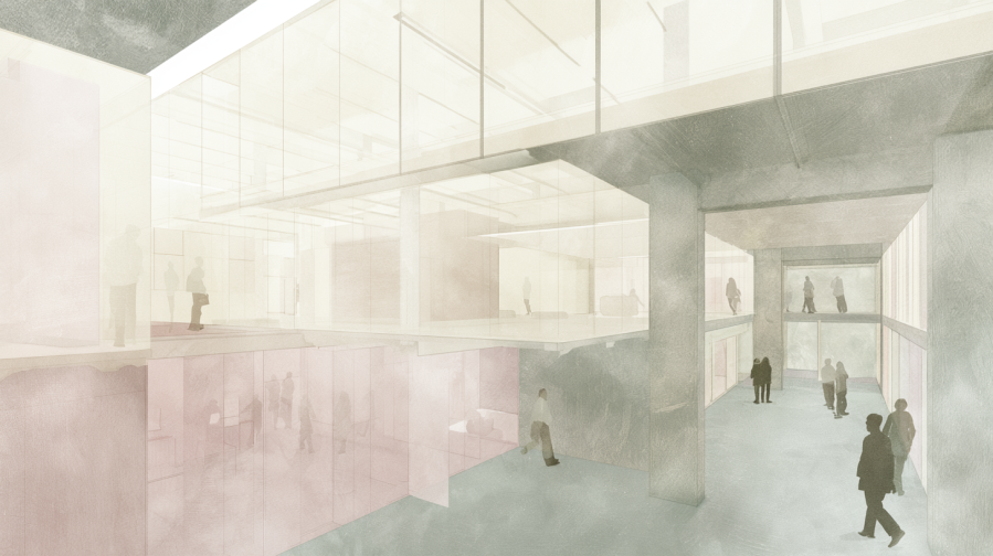 Layered interconnected communal interiors with distinct emotional atmospheres gradually shaping the individuals moving through them over time.