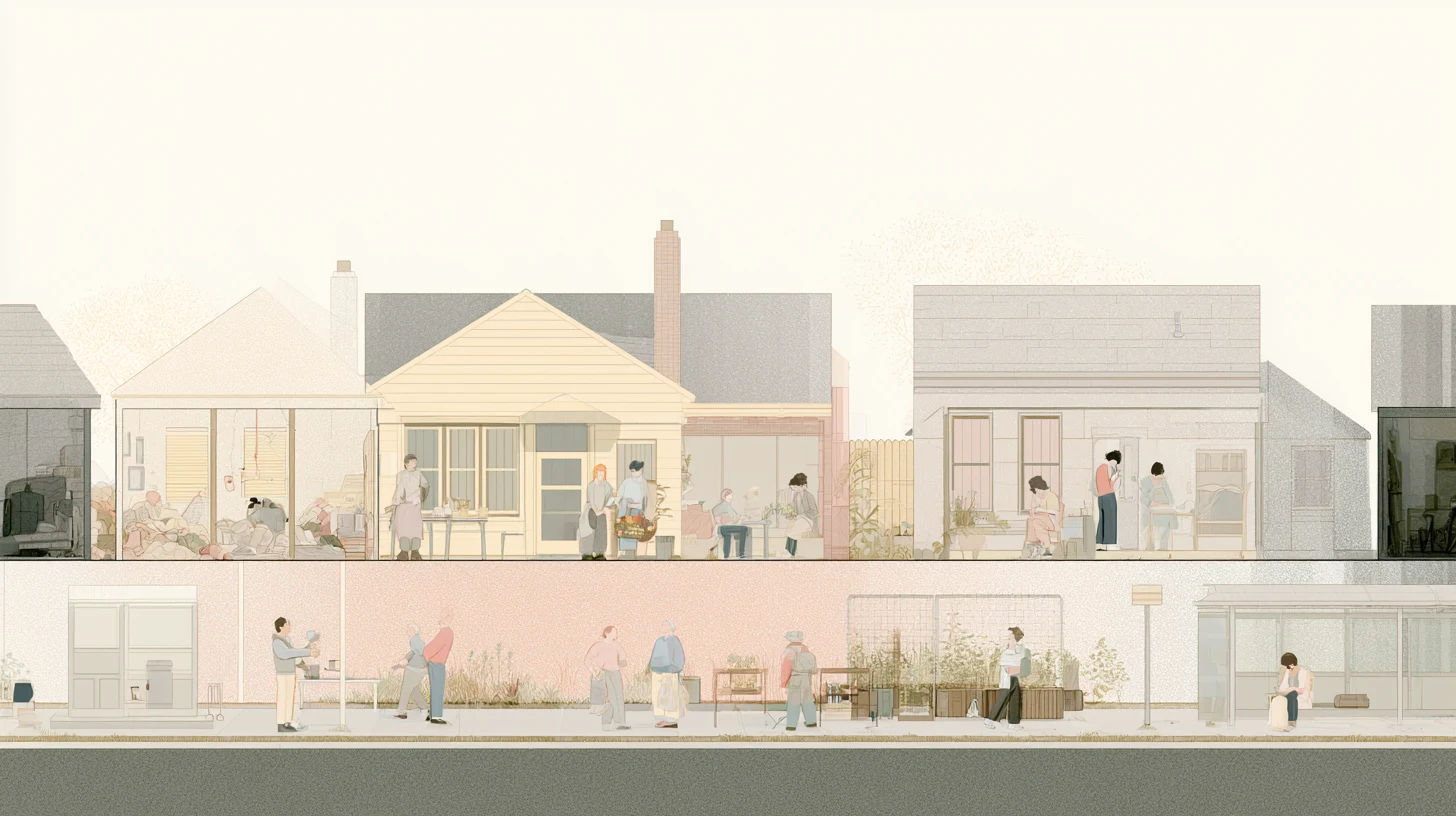 A wide muted neighborhood cross-section shows houses, sidewalks, small figures, garden beds, and a bus shelter under soft daylight.
