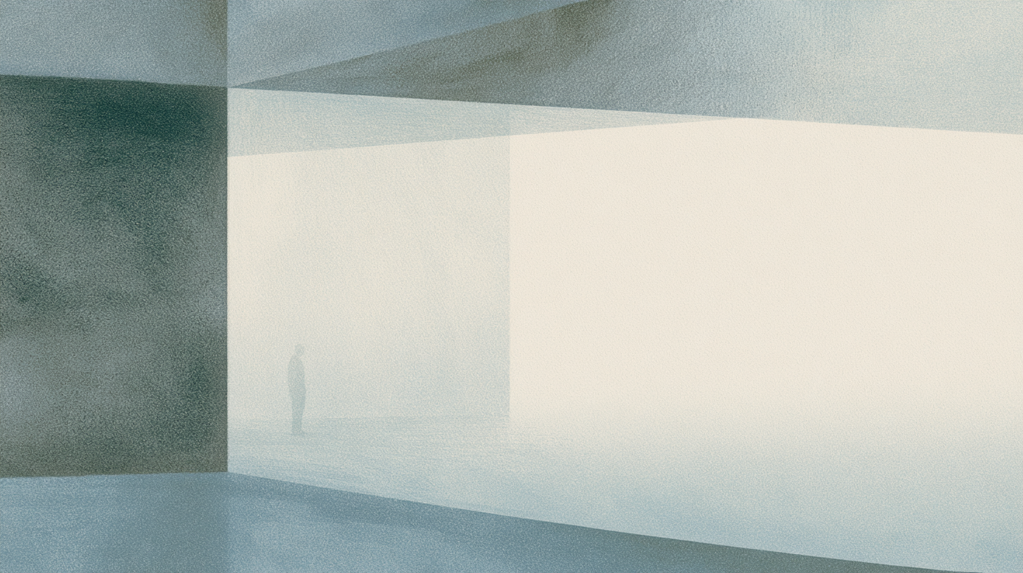 A solitary figure standing within layered translucent architectural spaces that emphasize openness, humility, and grounded participation over performance or status.