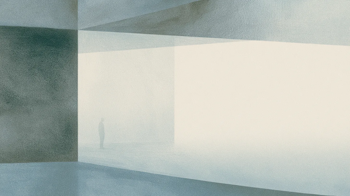 A solitary figure standing within layered translucent architectural spaces that emphasize openness, humility, and grounded participation over performance or status.