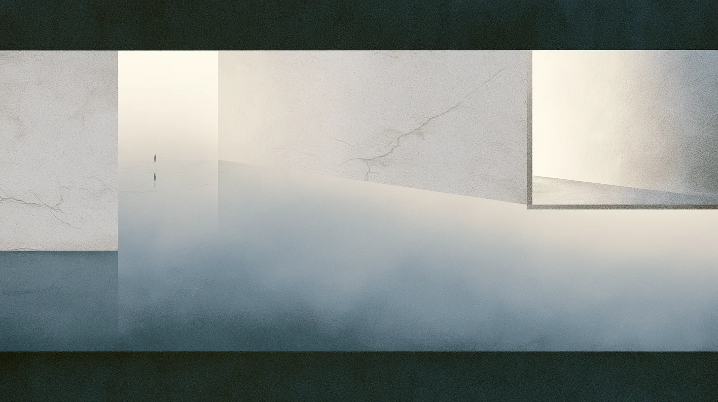 Small solitary figures moving through pale architectural spaces where deeper structures gradually emerge beneath smooth surfaces.