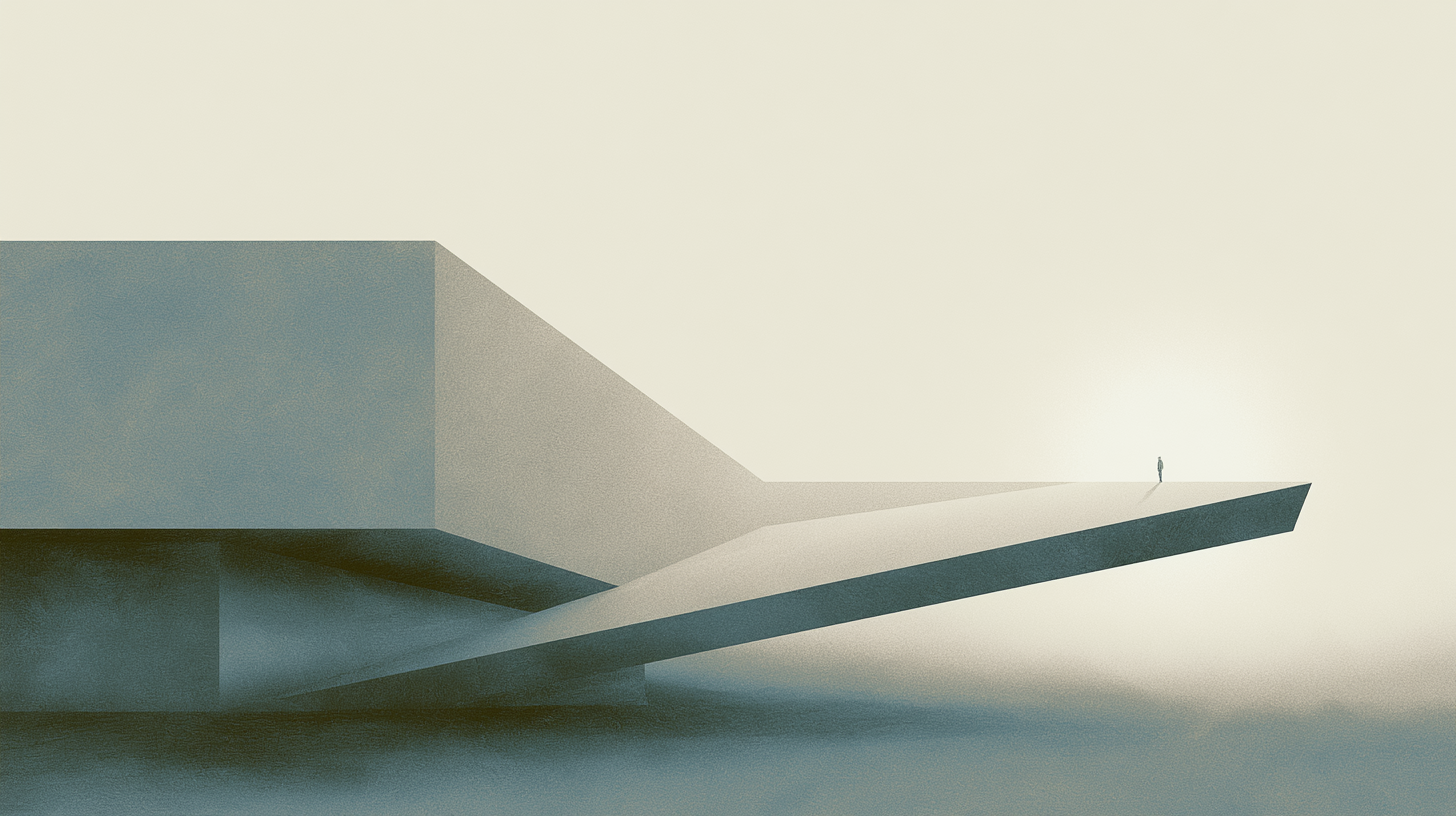 Tiny solitary figures moving through monumental architectural recovery spaces emphasizing foundational structure, stability, and gradual development.