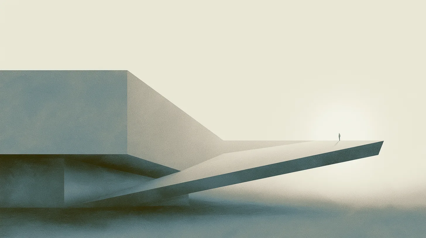 Tiny solitary figures moving through monumental architectural recovery spaces emphasizing foundational structure, stability, and gradual development.