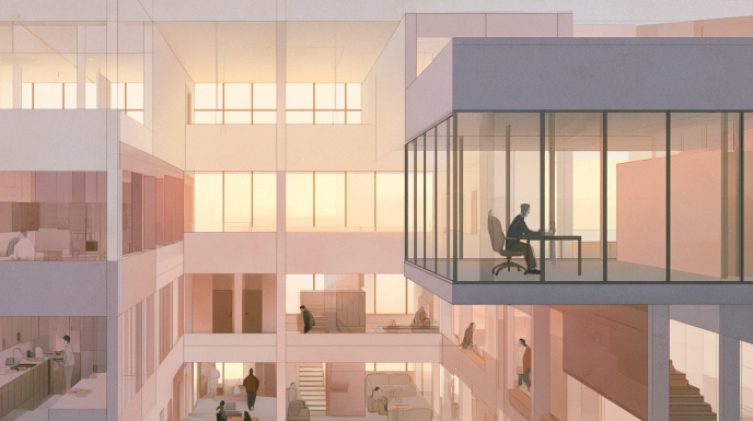 An architectural recovery residence with a glass-walled elevated office suspended above a communal atrium, where a solitary figure sits quietly overlooking layered shared environments and daily participation unfolding below across multiple floors.