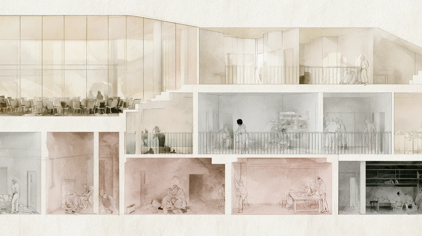 A pale cross-section of a recovery residence shows a glass-fronted room with rows of chairs above quieter lower rooms where figures work and sit.