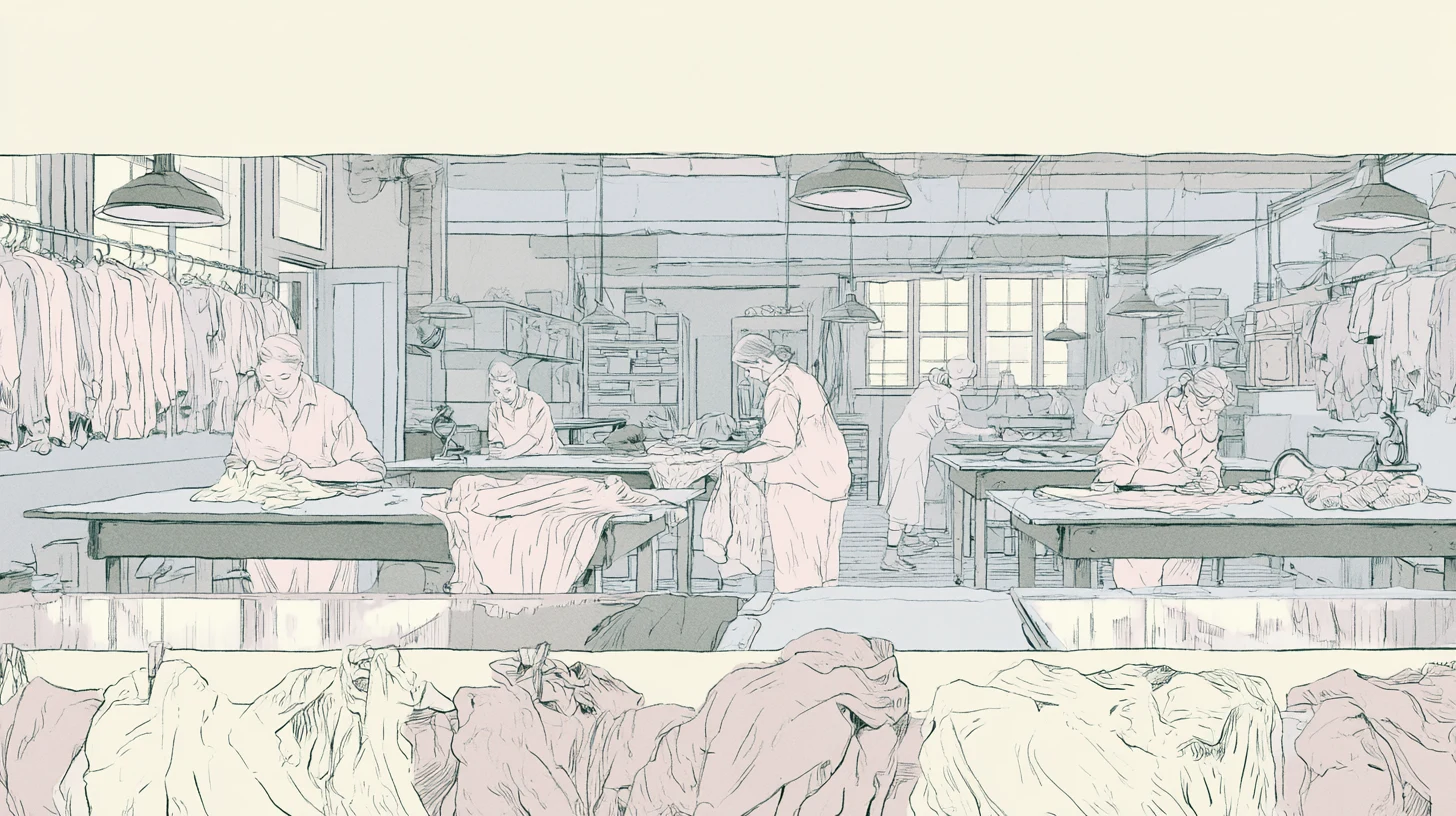 A layered communal residence shows a bright finished room beside unfinished repair areas, with subdued figures working among tools, patched walls, and open doorways.