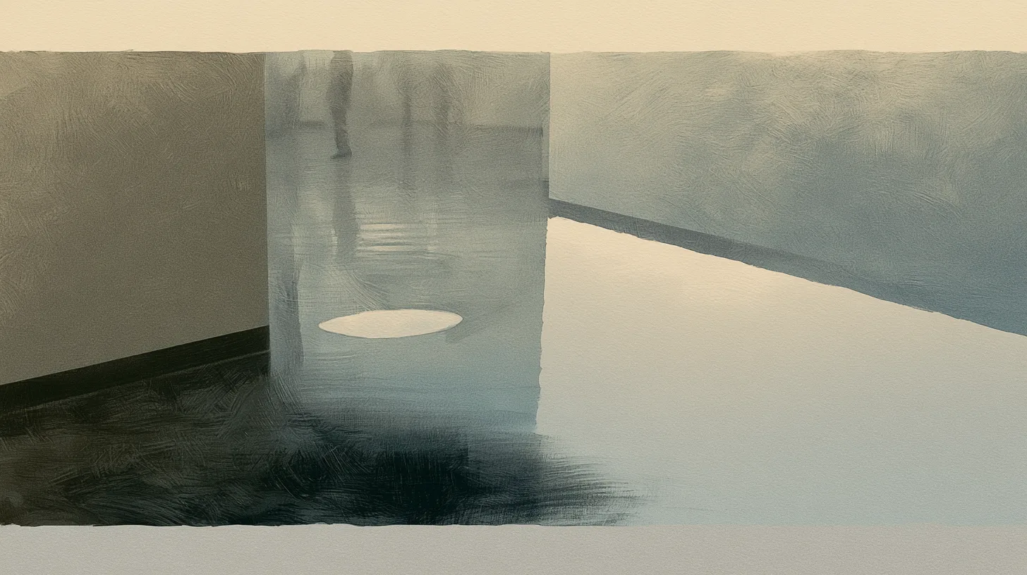 Reflective surfaces and partially visible figures within a quiet communal interior create ambiguity between perception and reality.